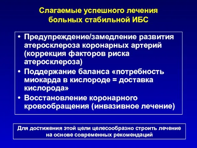 Слагаемые успешного лечения больных стабильной ИБС Предупреждение/замедление развития атеросклероза коронарных артерий