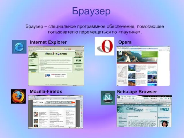 Браузер Internet Explorer Opera Mozilla-Firefox Netscape Browser Браузер – специальное программное