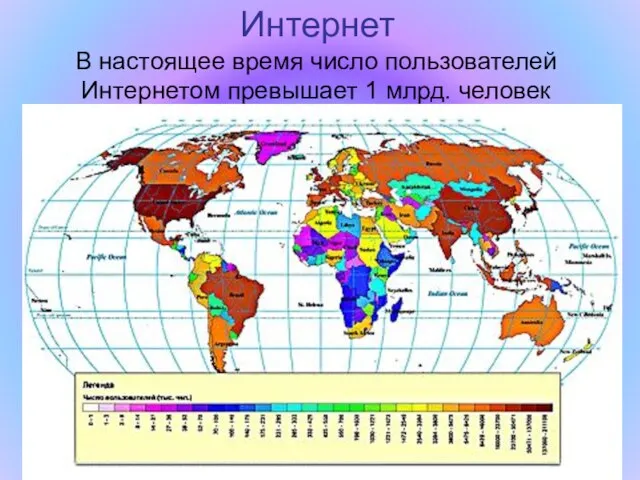 Интернет В настоящее время число пользователей Интернетом превышает 1 млрд. человек