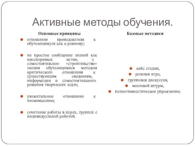 Активные методы обучения. Основные принципы отношение преподавателя к обучающемуся как к