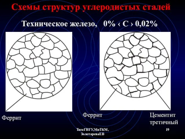 ТюмГНГУ,МиТКМ,ЗолотареваЕВ Схемы структур углеродистых сталей Техническое железо, 0% ‹ С › 0,02% Феррит Феррит Цементит третичный