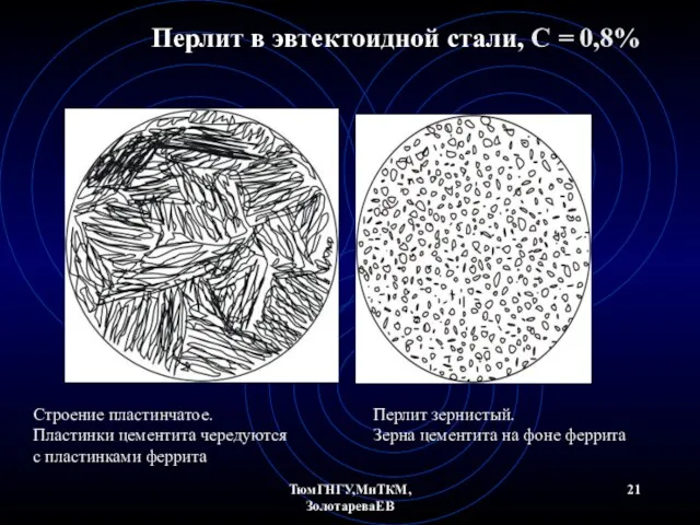 ТюмГНГУ,МиТКМ,ЗолотареваЕВ Перлит в эвтектоидной стали, С = 0,8% Строение пластинчатое. Пластинки