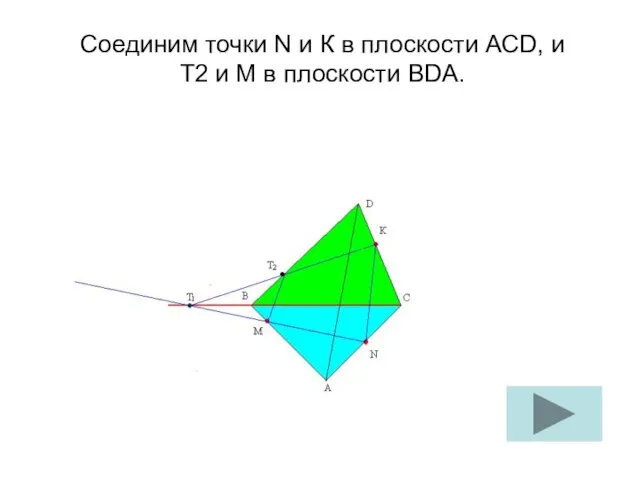 Соединим точки N и К в плоскости АСD, и Т2 и М в плоскости BDA.