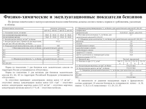 Физико-химические и эксплуатационные показатели бензинов По физико-химическим и эксплуатационным показателям бензины