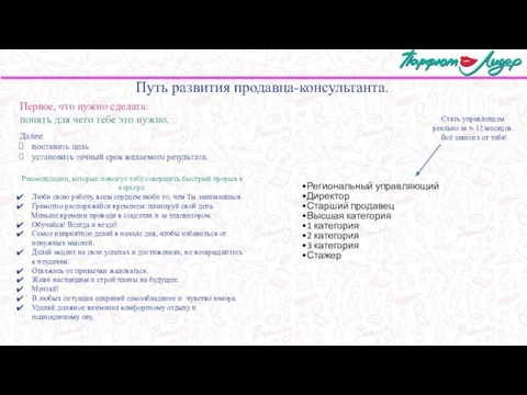 Путь развития продавца-консультанта. Региональный управляющий Директор Старший продавец Высшая категория 1