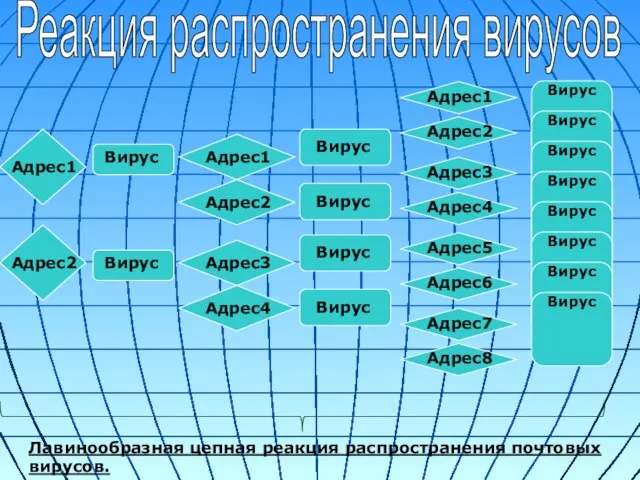 Реакция распространения вирусов Адрес1 Адрес2 Вирус Вирус Адрес1 Адрес2 Адрес3 Адрес4