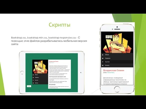 Скрипты Bootstrap.css, bootstrap.min.css, bootstrap-responsive.css - С помощью этих файлов разрабатывалась мобильная версия сайта