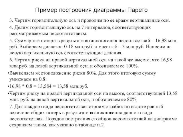 Пример построения диаграммы Парето 3. Чертим горизонтальную ось и проводим по