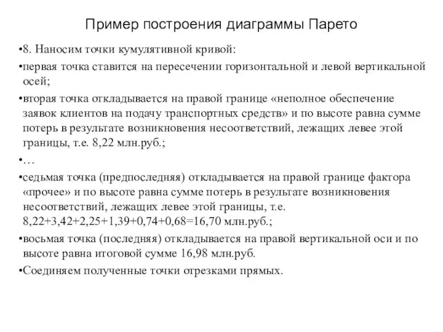 Пример построения диаграммы Парето 8. Наносим точки кумулятивной кривой: первая точка