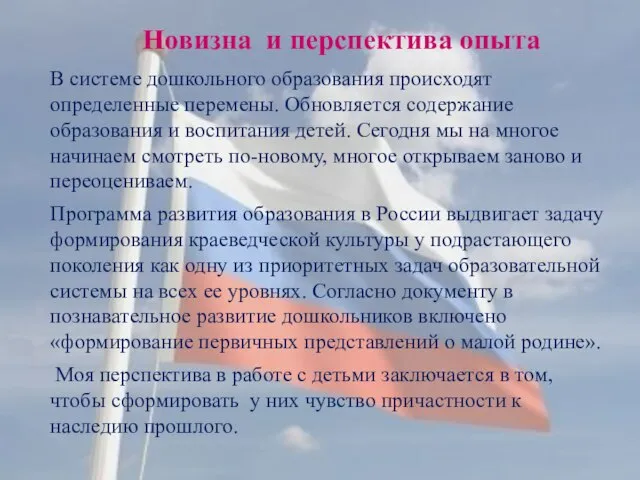 Новизна и перспектива опыта В системе дошкольного образования происходят определенные перемены.