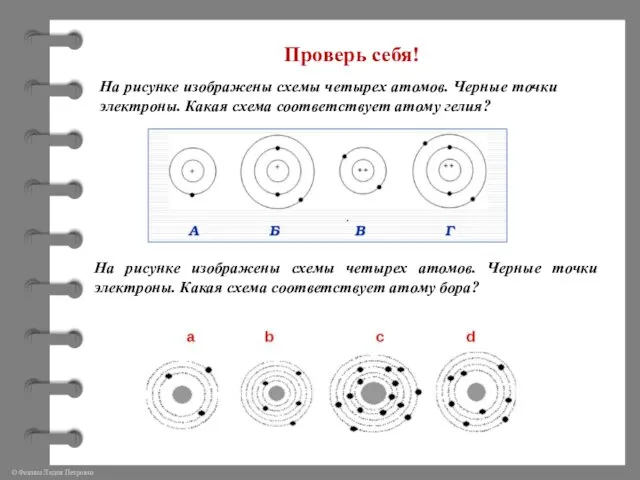 Проверь себя! На рисунке изображены схемы четырех атомов. Черные точки электроны.