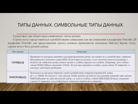 Существует два общих вида символьных типов данных. Строки могут представляться однобайтовыми