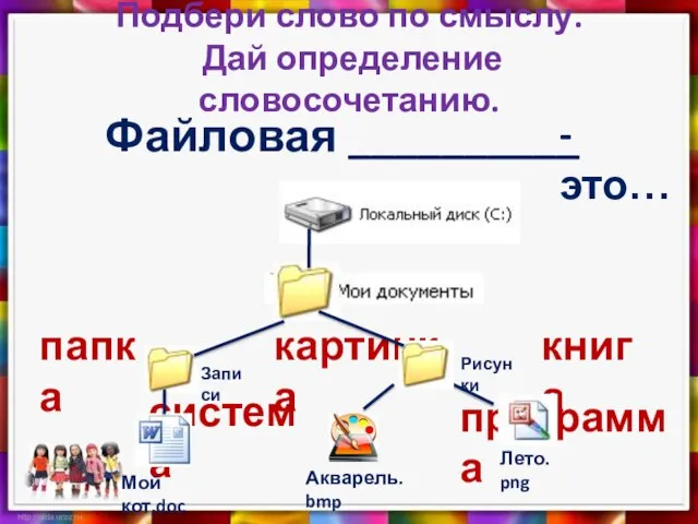 Подбери слово по смыслу. Дай определение словосочетанию. Файловая __________ система программа папка книга картинка - это…