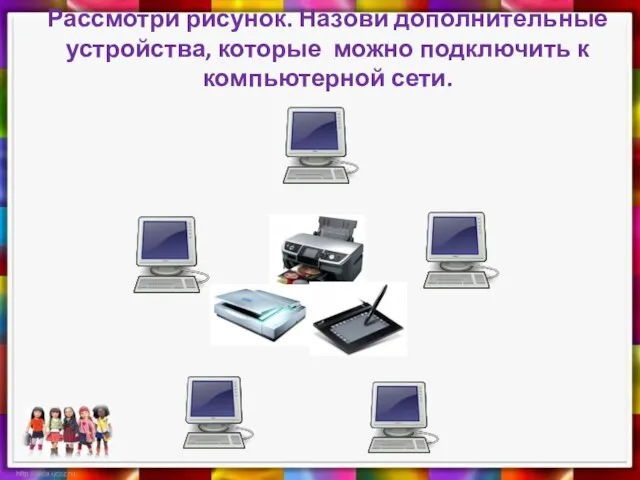 Рассмотри рисунок. Назови дополнительные устройства, которые можно подключить к компьютерной сети.