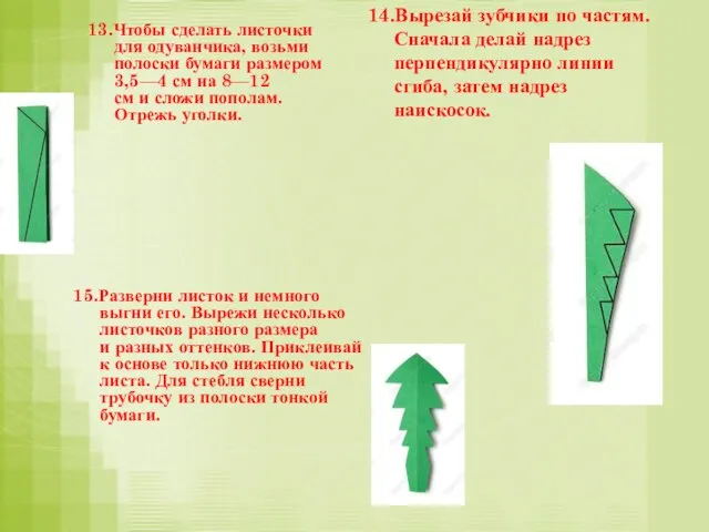 13.Чтобы сделать листочки для одуванчика, возьми полоски бумаги размером 3,5—4 см