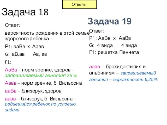 Задача 18 Ответ: вероятность рождения в этой семье здорового ребенка :