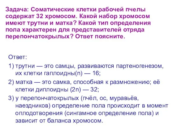 Задача: Соматические клетки рабочей пчелы содержат 32 хромосом. Какой набор хромосом