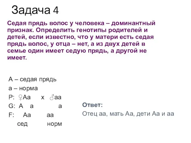 Задача 4 А – седая прядь а – норма Р: ♀Аа