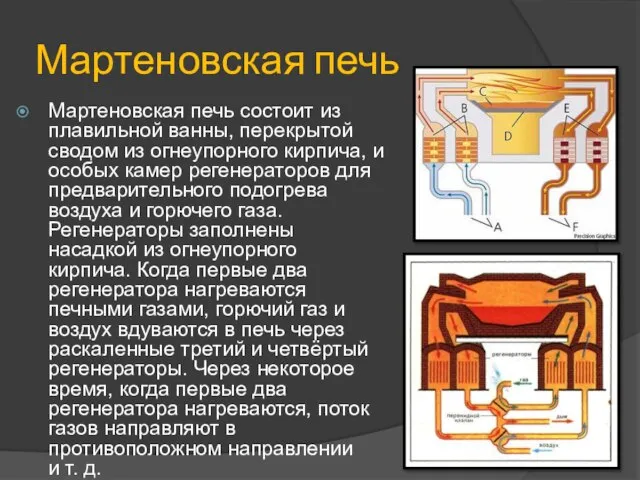 Мартеновская печь Мартеновская печь состоит из плавильной ванны, перекрытой сводом из