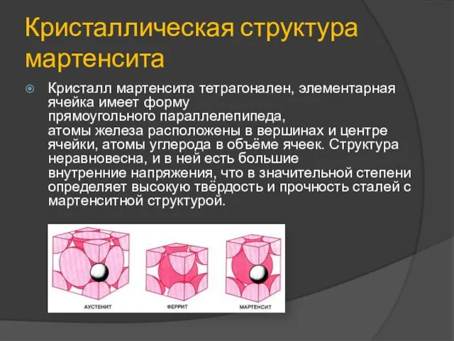 Кристаллическая структура мартенсита Кристалл мартенсита тетрагонален, элементарная ячейка имеет форму прямоугольного