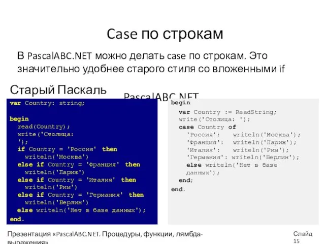 Презентация «PascalABC.NET. Процедуры, функции, лямбда-выражения» Слайд Case по строкам В PascalABC.NET