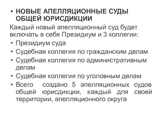 НОВЫЕ АПЕЛЛЯЦИОННЫЕ СУДЫ ОБЩЕЙ ЮРИСДИКЦИИ Каждый новый апелляционный суд будет включать