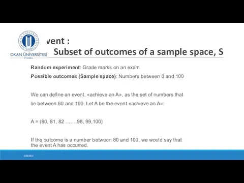 Event : Subset of outcomes of a sample space, S Random