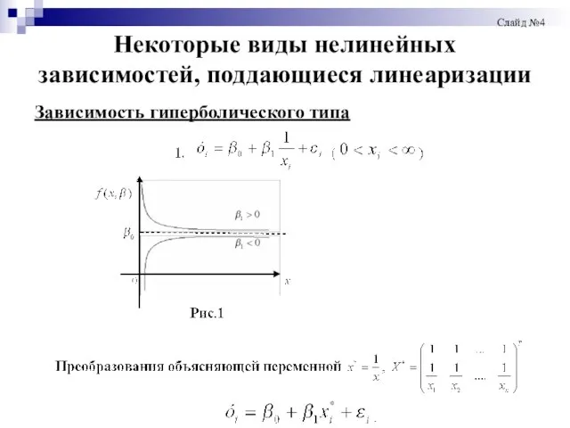 Некоторые виды нелинейных зависимостей, поддающиеся линеаризации Зависимость гиперболического типа Слайд №4