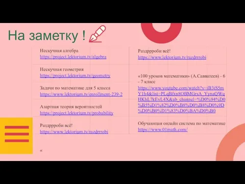 На заметку ! Нескучная алгебра https://project.lektorium.tv/algebra Нескучная геометрия https://project.lektorium.tv/geometry Задачи по