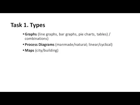 Task 1. Types Graphs (line graphs, bar graphs, pie charts, tables)