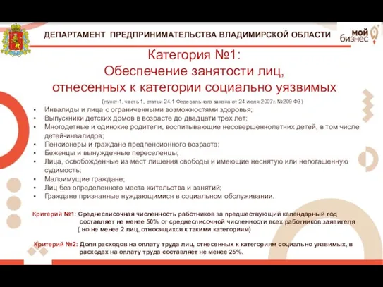 ДЕПАРТАМЕНТ ПРЕДПРИНИМАТЕЛЬСТВА ВЛАДИМИРСКОЙ ОБЛАСТИ (пункт 1, часть 1, статьи 24.1 Федерального