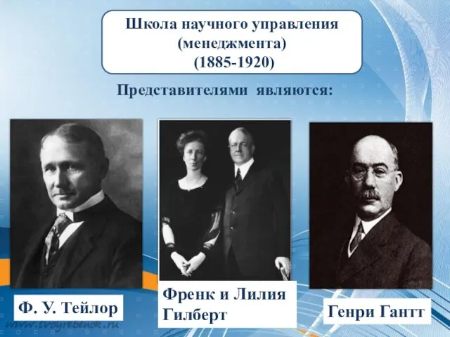 Представителями являются: Ф. У. Тейлор Френк и Лилия Гилберт Генри Гантт Школа научного управления (менеджмента) (1885-1920)