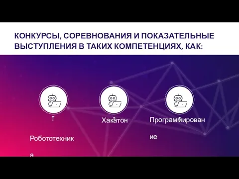 Робототехника КОНКУРСЫ, СОРЕВНОВАНИЯ И ПОКАЗАТЕЛЬНЫЕ ВЫСТУПЛЕНИЯ В ТАКИХ КОМПЕТЕНЦИЯХ, КАК: Хакатон Программирование