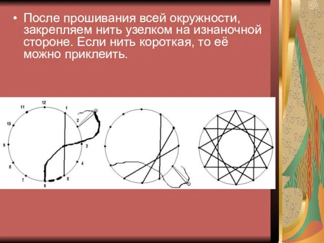 После прошивания всей окружности, закрепляем нить узелком на изнаночной стороне. Если