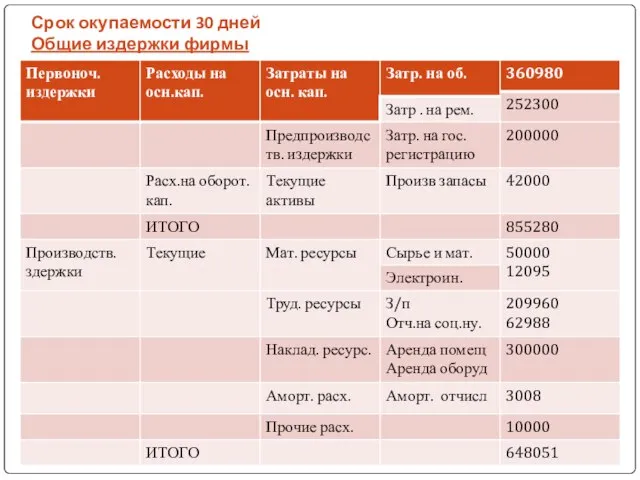 Срок окупаемости 30 дней Общие издержки фирмы