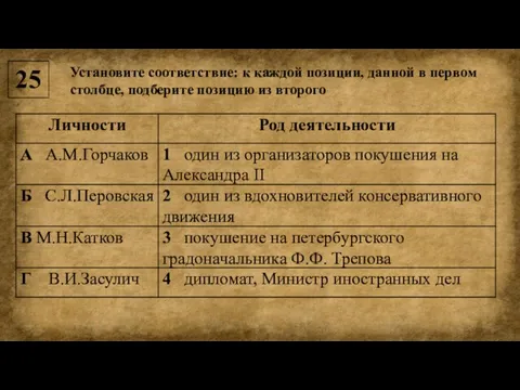 Установите соответствие: к каждой позиции, данной в первом столбце, подберите позицию из второго 25