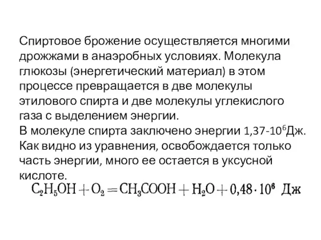 Спиртовое брожение осуществляется многими дрожжами в анаэробных условиях. Молекула глюкозы (энергетический