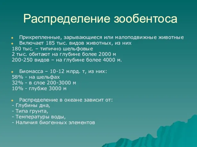 Распределение зообентоса Прикрепленные, зарывающиеся или малоподвижные животные Включает 185 тыс. видов