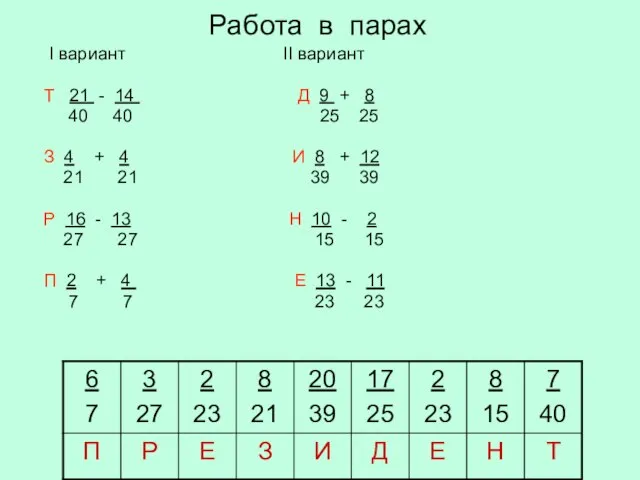 Работа в парах I вариант II вариант Т 21 - 14