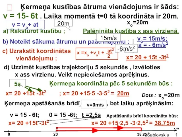 A.Šablovskis Ķermeņa kustības ātruma vienādojums ir šāds: v = 15- 6t