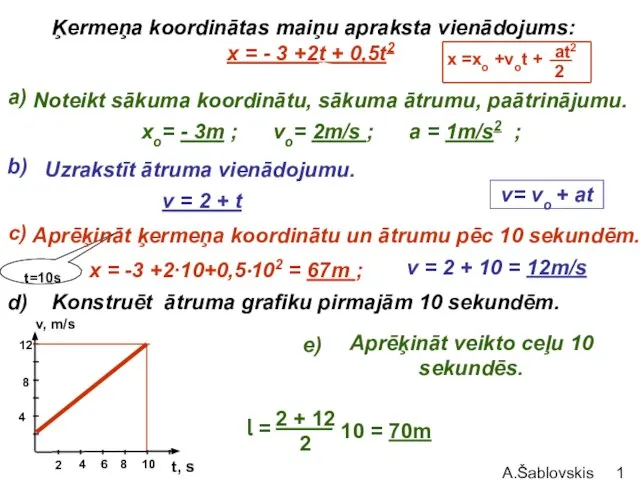 A.Šablovskis t=10s Ķermeņa koordinātas maiņu apraksta vienādojums: x = - 3