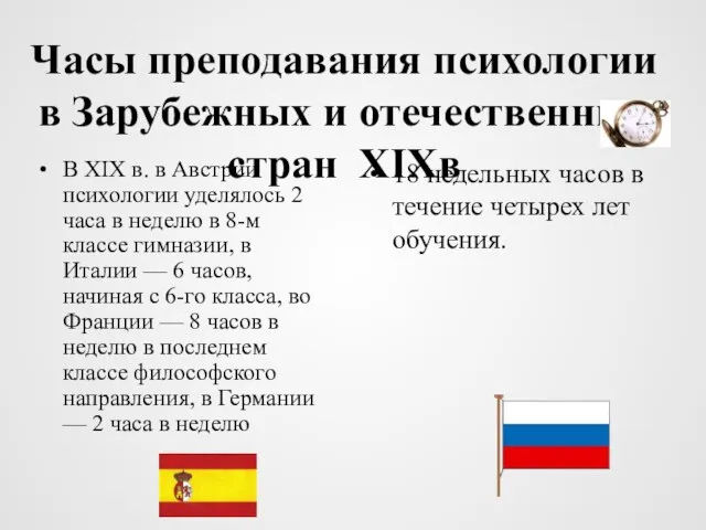 Часы преподавания психологии в Зарубежных и отечественных стран XIXв В XIX