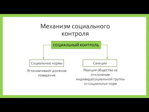 Механизм социального контроля СОЦИАЛЬНЫЙ КОНТРОЛЬ Социальные нормы Санкции Устанавливают должное поведение