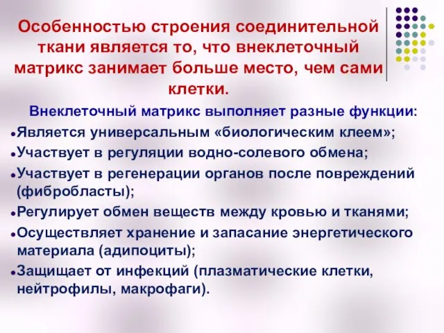 Особенностью строения соединительной ткани является то, что внеклеточный матрикс занимает больше