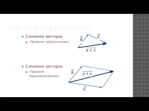 ДЕЙСТВИЯ НАД ВЕКТОРАМИ Сложение векторов «Правило треугольника» Сложение векторов «Правило параллелограмма»