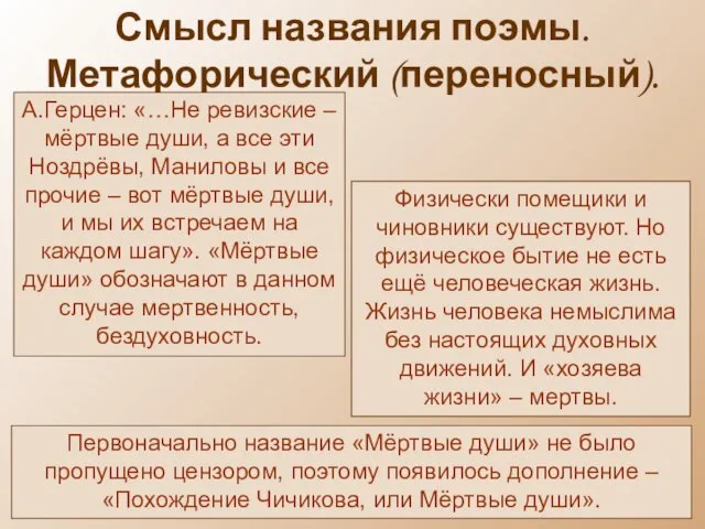 Смысл названия поэмы. Метафорический (переносный). А.Герцен: «…Не ревизские – мёртвые души,