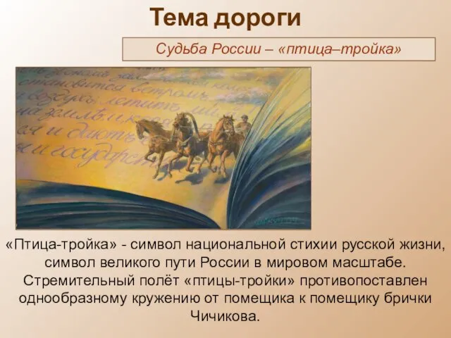 Тема дороги Судьба России – «птица–тройка» «Птица-тройка» - символ национальной стихии