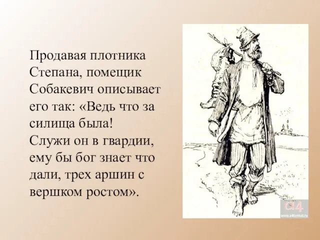 Продавая плотника Степана, помещик Собакевич описывает его так: «Ведь что за