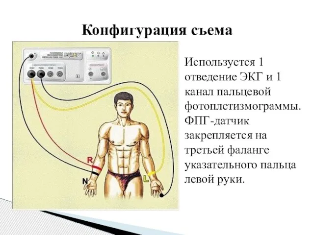 Конфигурация съема Используется 1 отведение ЭКГ и 1 канал пальцевой фотоплетизмограммы.