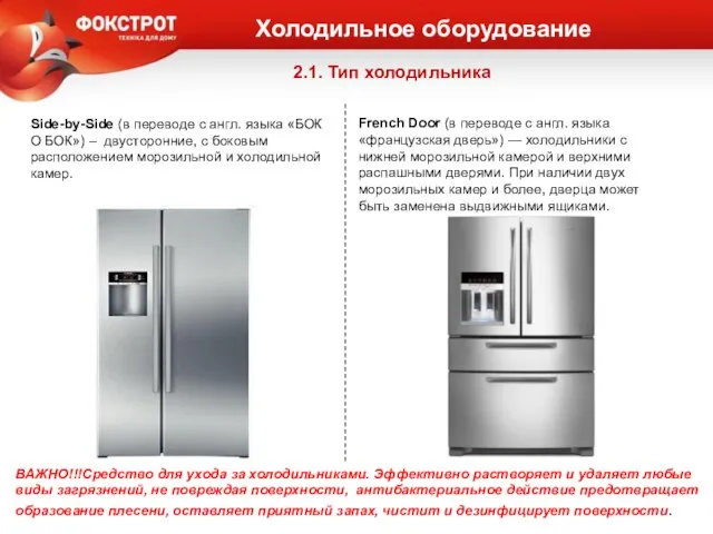 2.1. Тип холодильника Холодильное оборудование Side-by-Side (в переводе с англ. языка